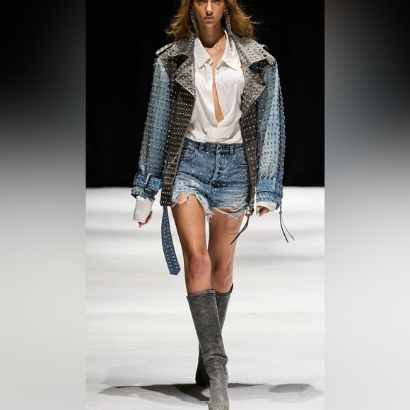 Retrofete REBEL EMBELLISHED LEATHER DENIM JACKET in tangier silver NWT - Picture 1 of 10